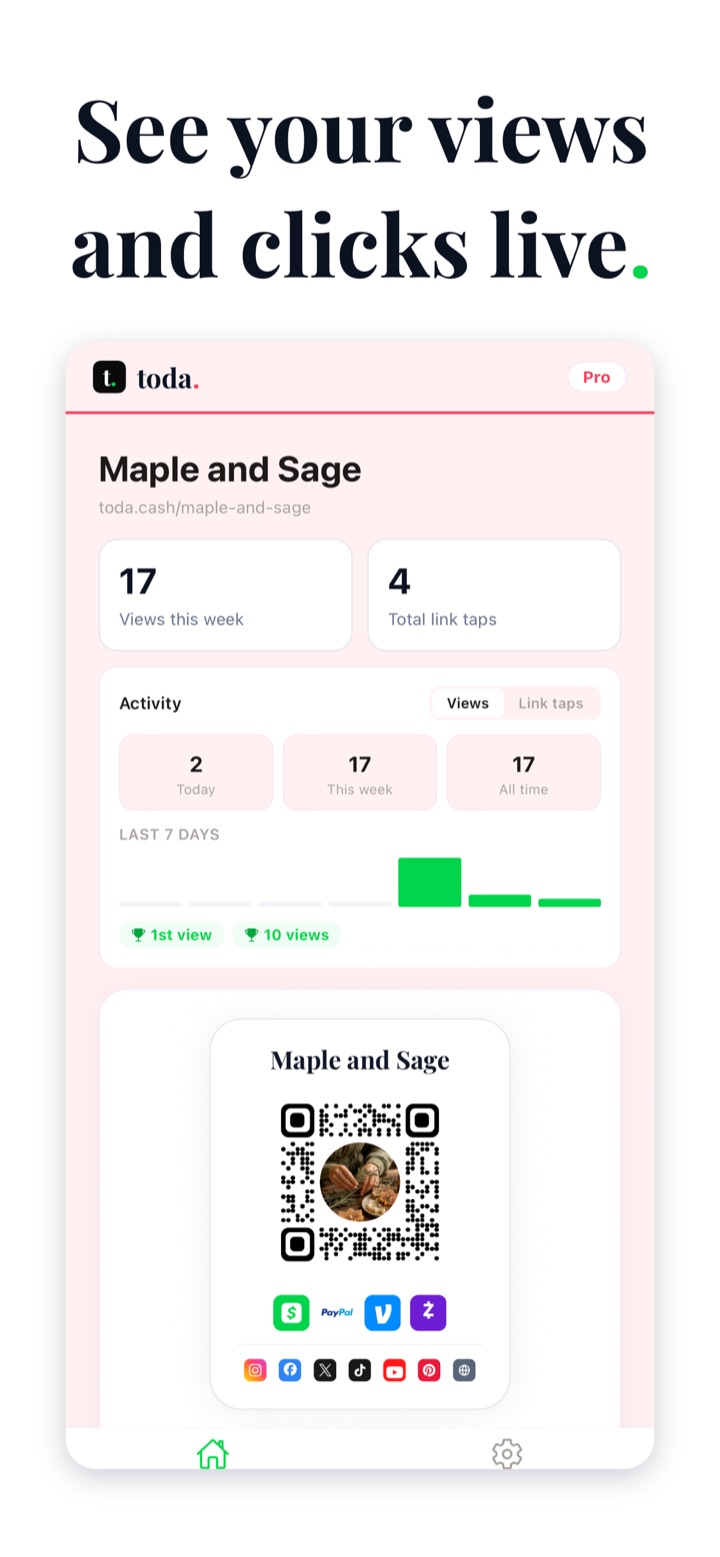 Toda app home dashboard showing live views and link taps