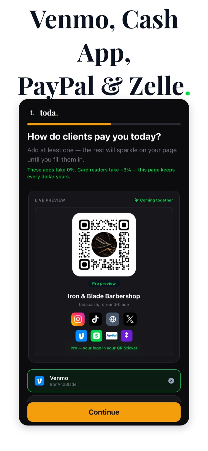 Connecting Venmo, Cash App, PayPal, Zelle and cards in the Toda app