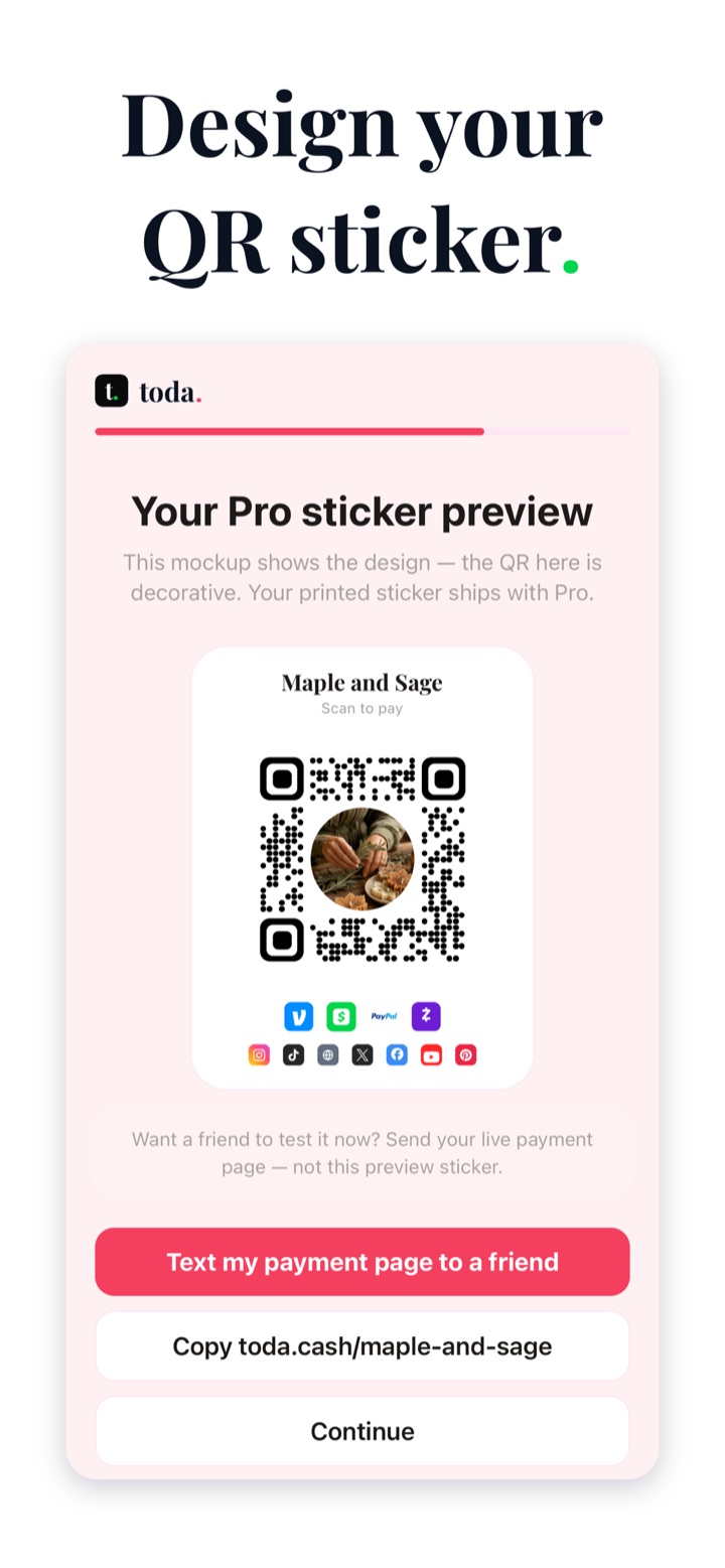 A branded QR sticker created in the Toda app