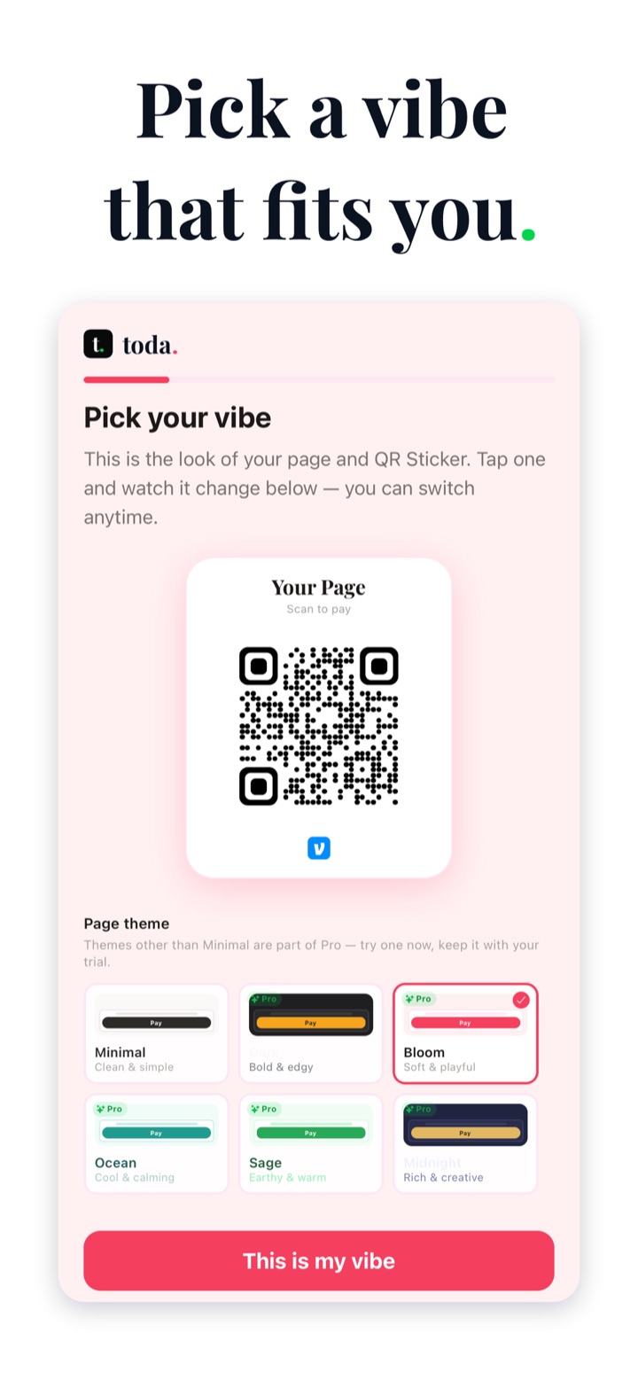 Choosing a page theme in the Toda app