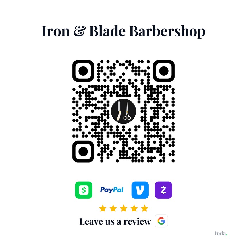 A printed toda QR sticker for Iron & Blade Barbershop, with payment icons and a "Leave us a review" prompt