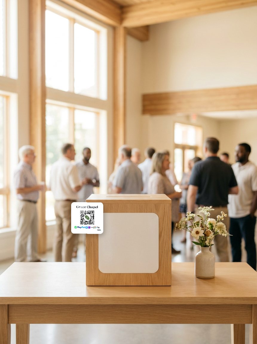 A church welcome table with a toda QR sticker on the donation box