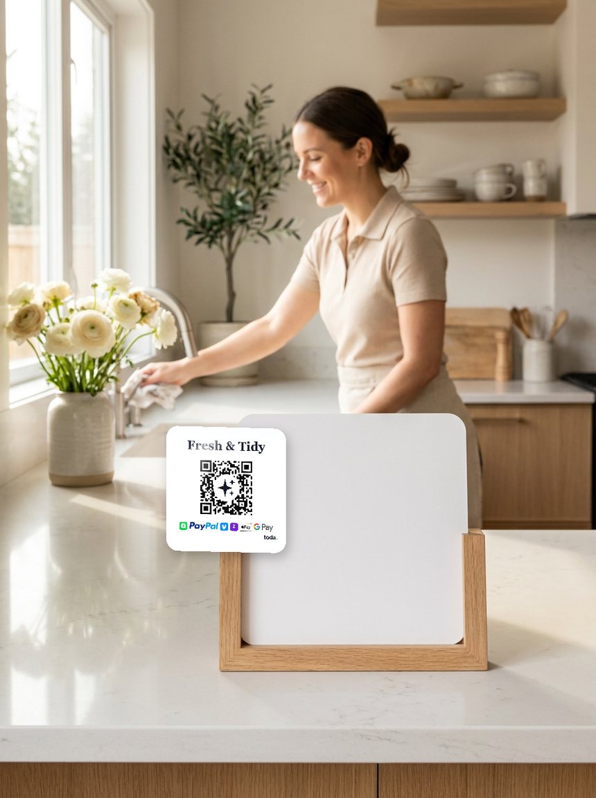A freshly cleaned kitchen with a toda QR sticker displayed on the counter