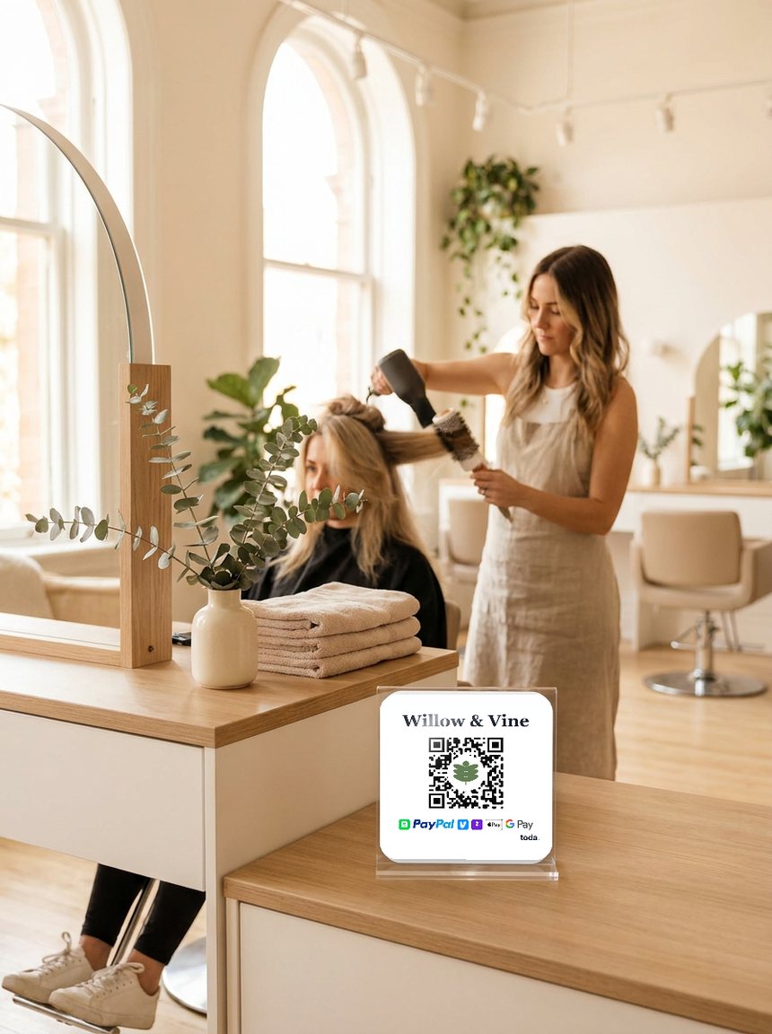 A hairstylist finishing a client, with a toda QR sticker at the station
