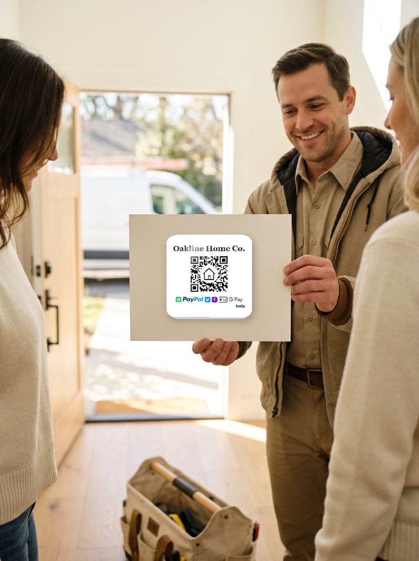 A contractor handing over a card with a toda QR sticker at the door
