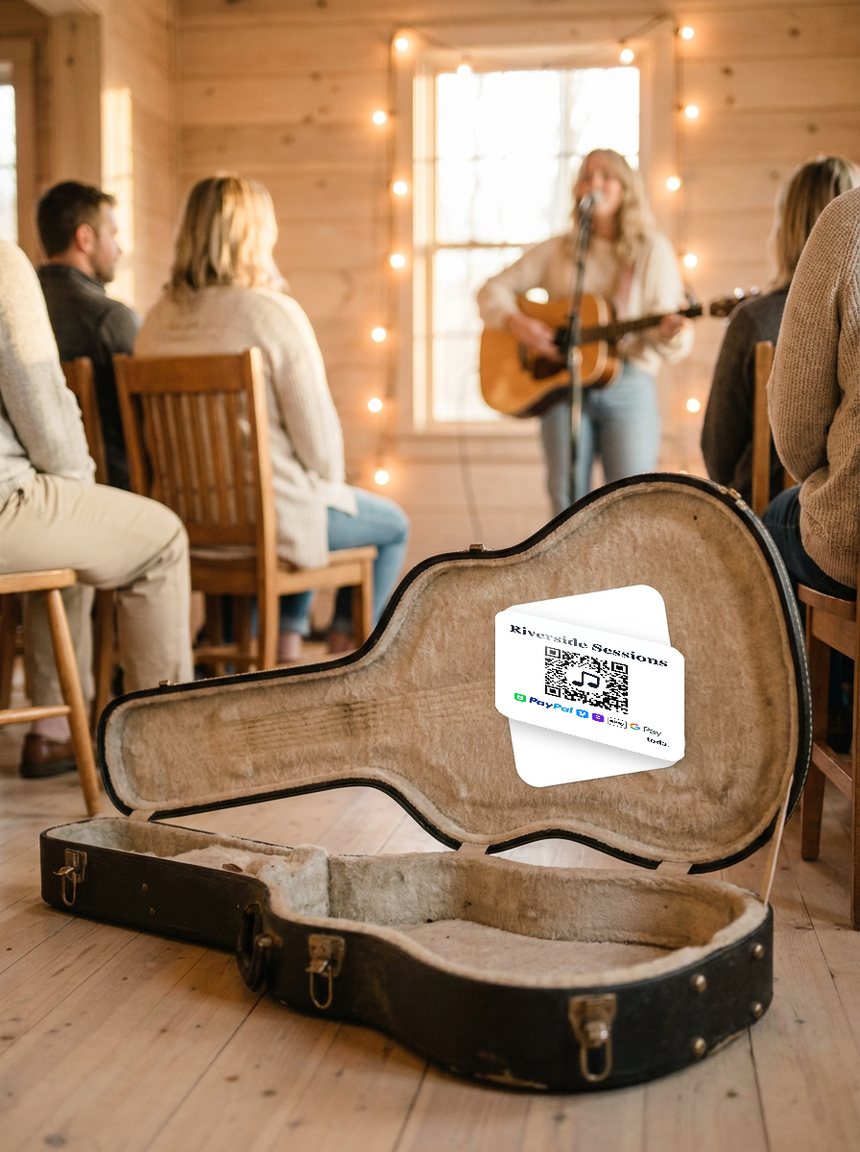 A musician performing with a toda QR sticker inside the open guitar case
