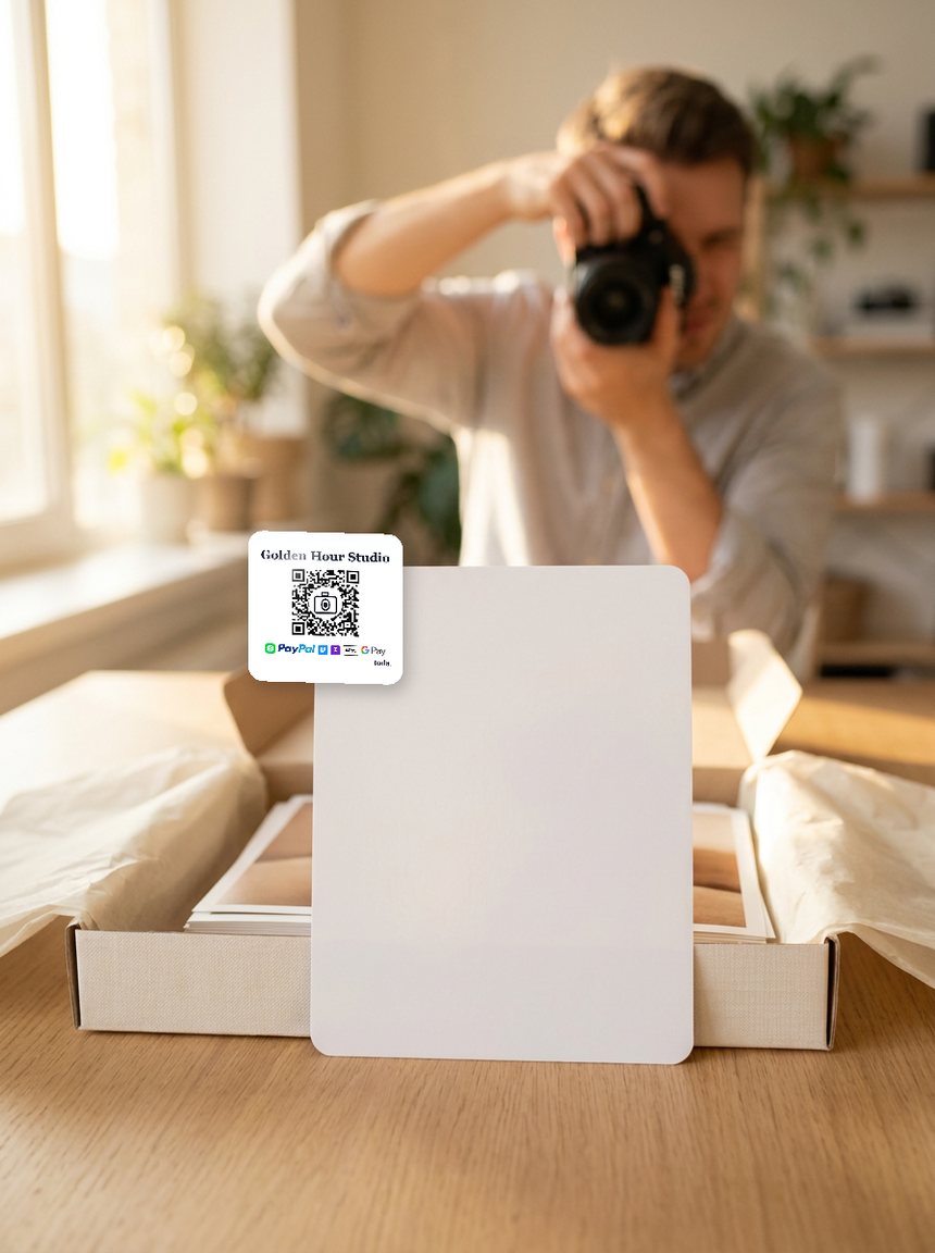 A photographer's client print box with a toda QR sticker card