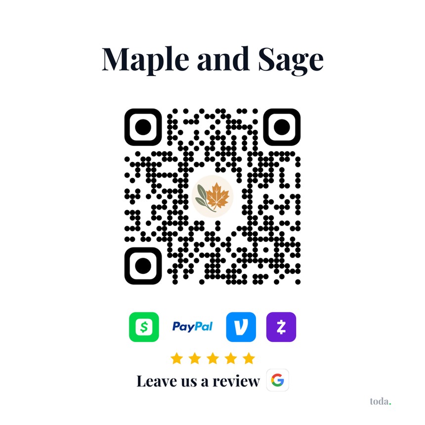 A printed toda QR sticker for Maple and Sage, with payment icons and a "Leave us a review" prompt