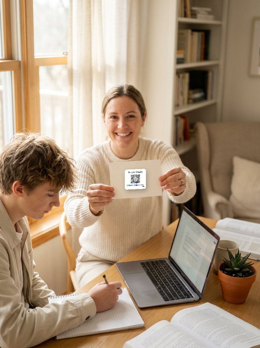 A tutor handing a student a card with a toda QR sticker