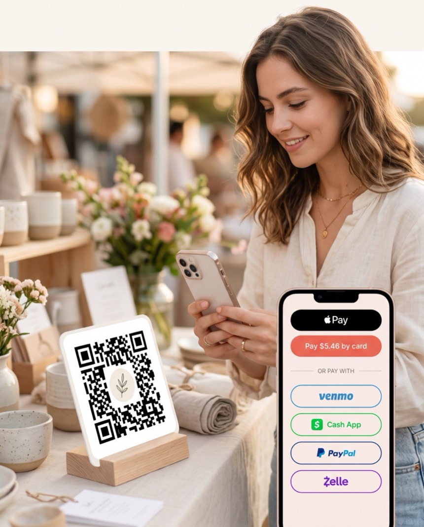 A shopper at a market stall scanning a Toda QR sticker and paying with Apple Pay, Venmo, Cash App, PayPal or Zelle