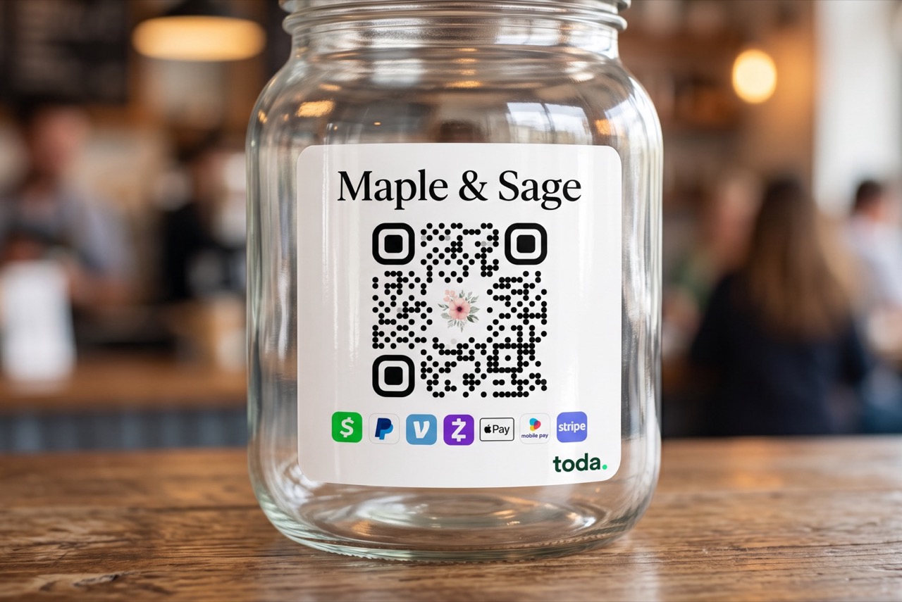 A Toda QR sticker on a café tip jar, showing Cash App, PayPal, Venmo, Zelle and Apple Pay options