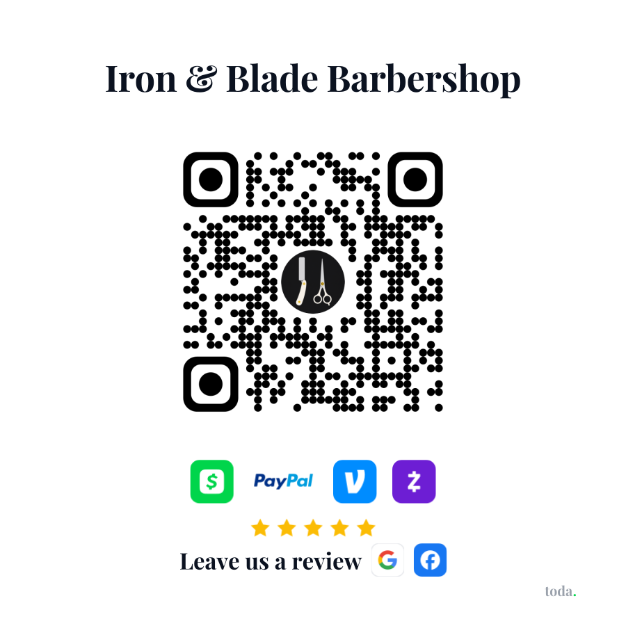 Printed toda QR sticker for Iron & Blade Barbershop